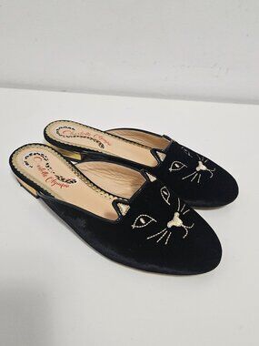 Charlotte Olympia Kitty Mules Ballet Flats Sz 35.5 Velvet Cat Slip On